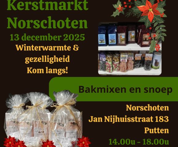 Promotional visual voor de kerstmarkt in Norschoten te Putten met bakmixen, snoep en cadeauverpakkingen van Handelsonderneming In ’t Veen.
