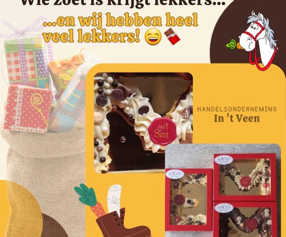 Sinterklaasvisual met chocoladeletters van Novice, strooigoed en cadeautjes, aangeboden door Handelsonderneming In ’t Veen.