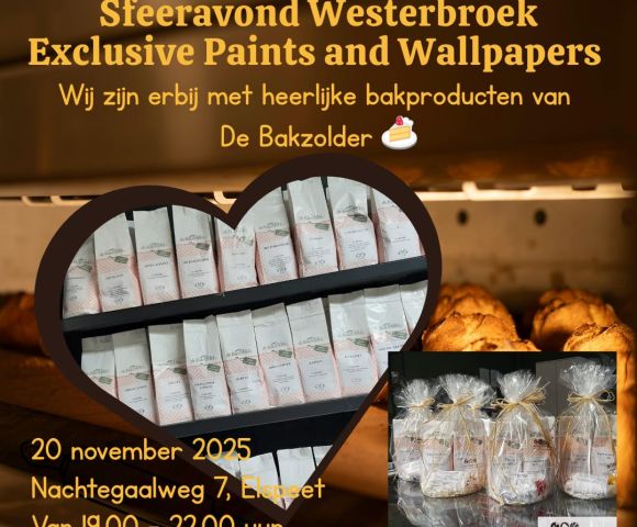 Visual van bakmixen en verpakte bakproducten van De Bakzolder tijdens Sfeeravond Westerbroek in Elspeet, gepresenteerd door Handelsonderneming In ’t Veen.